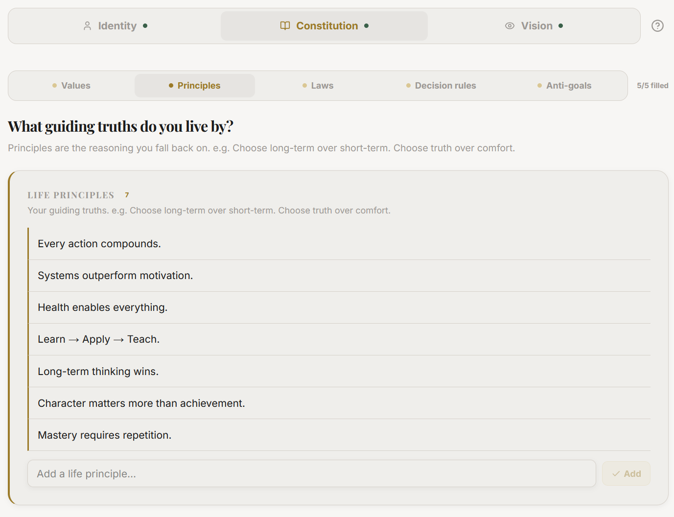 The Constitution Principles sub-tab