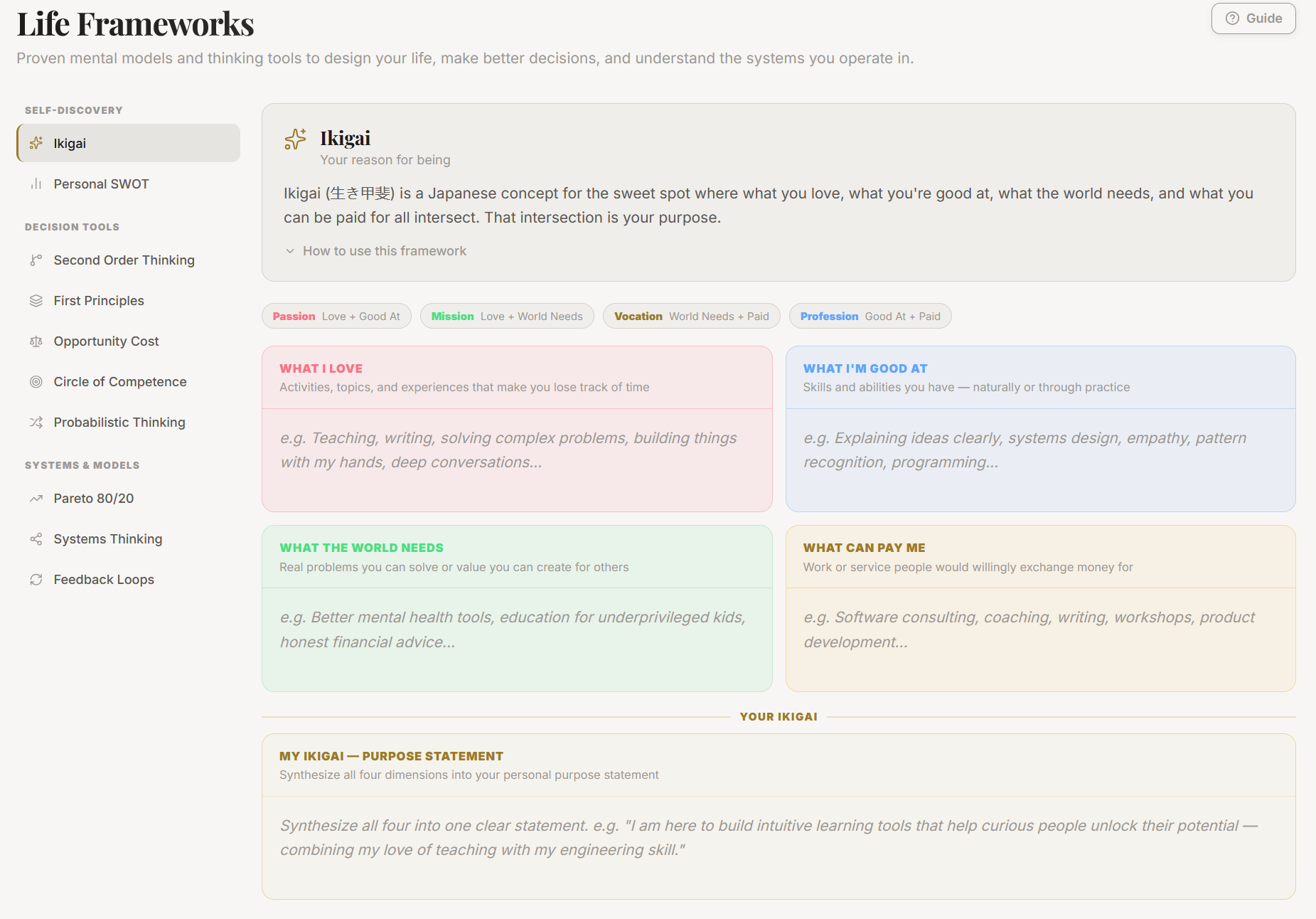 The Ikigai framework worksheet