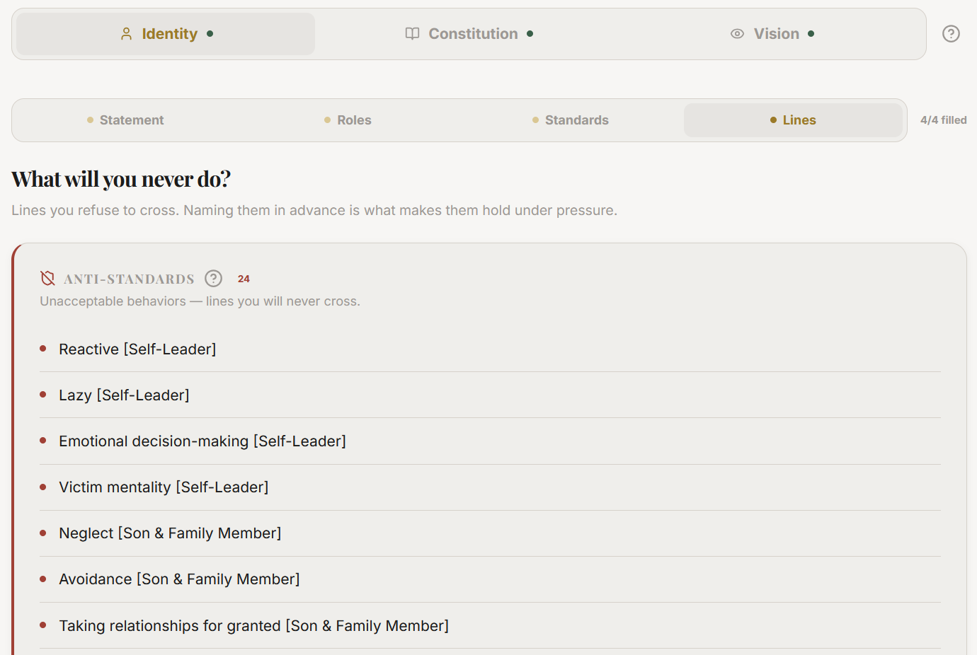 The Identity Lines sub-tab