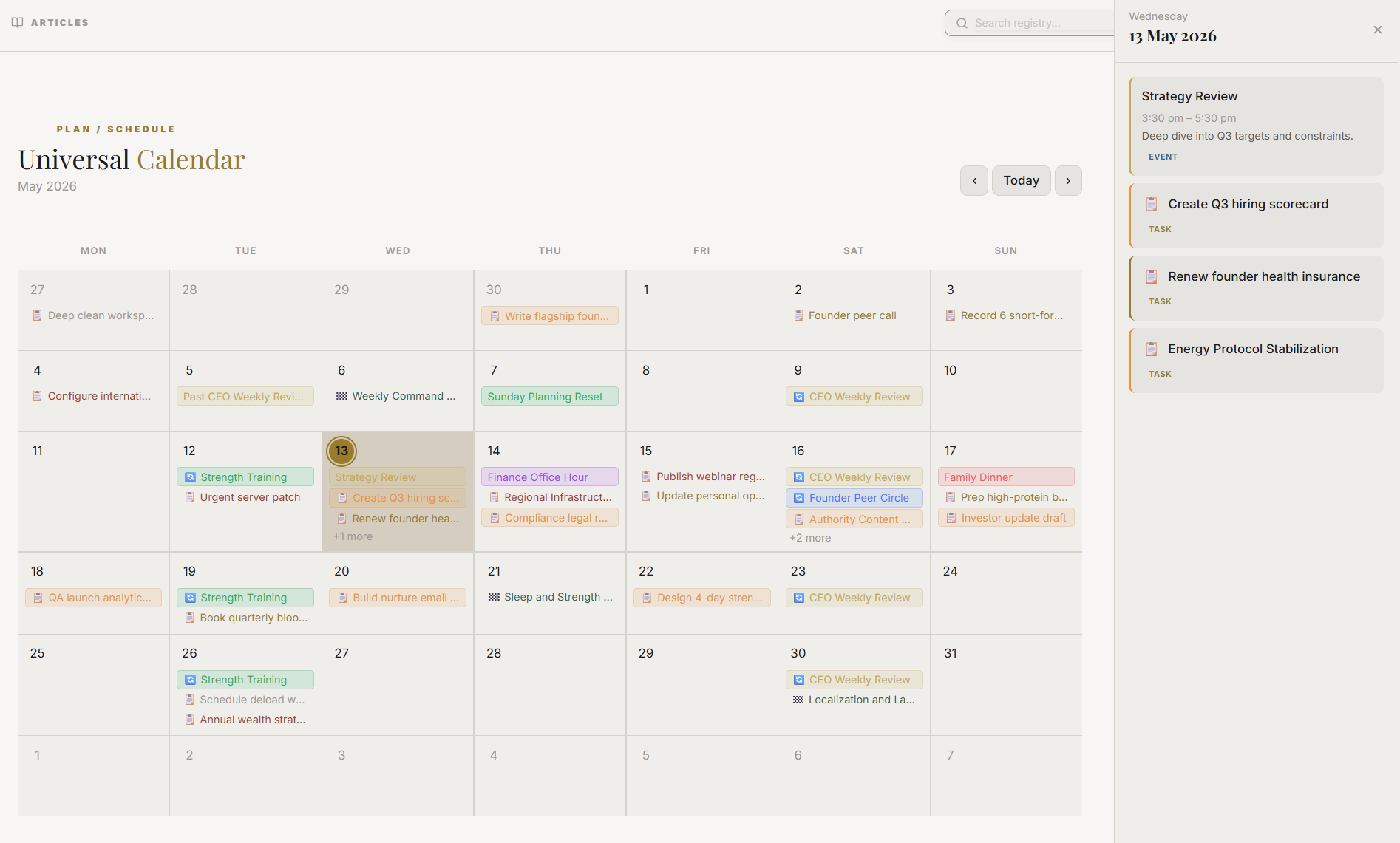 The Calendar view showing scheduled work across a week