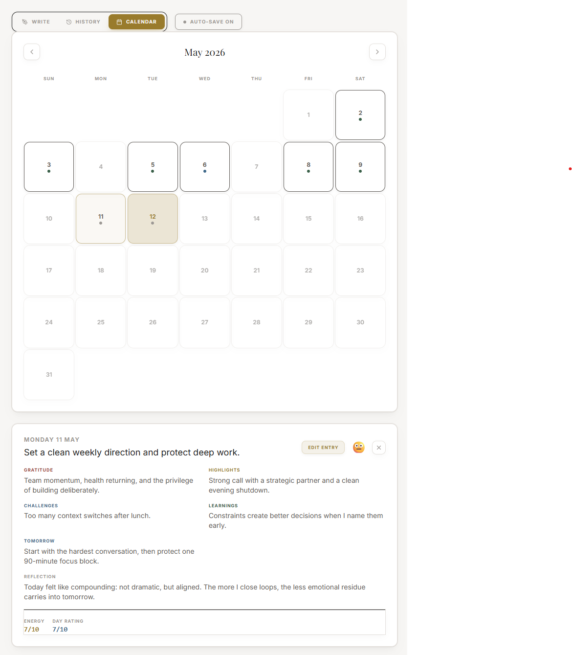 The Journal calendar view