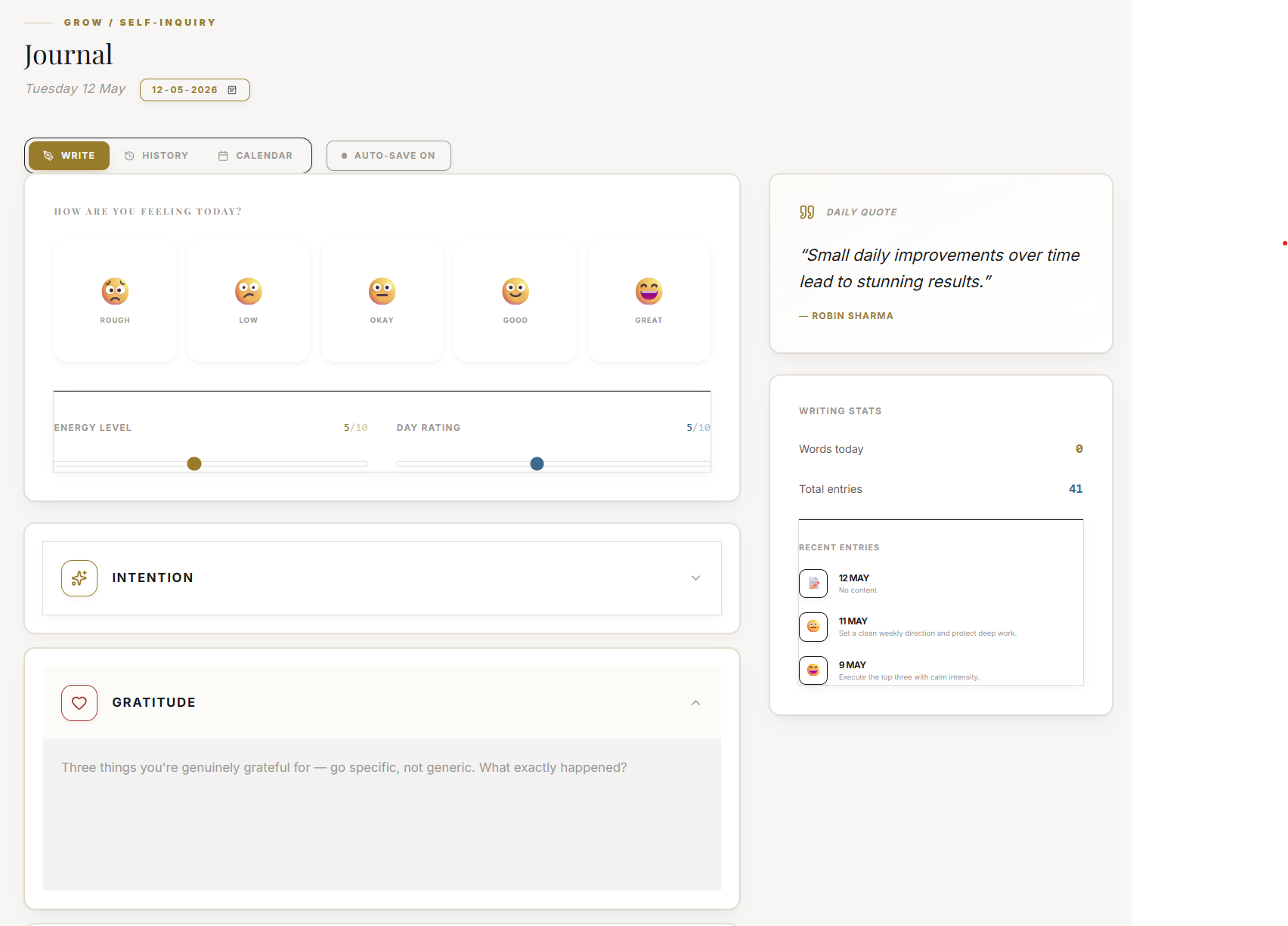 The Journal editor with a mood selector and prompt