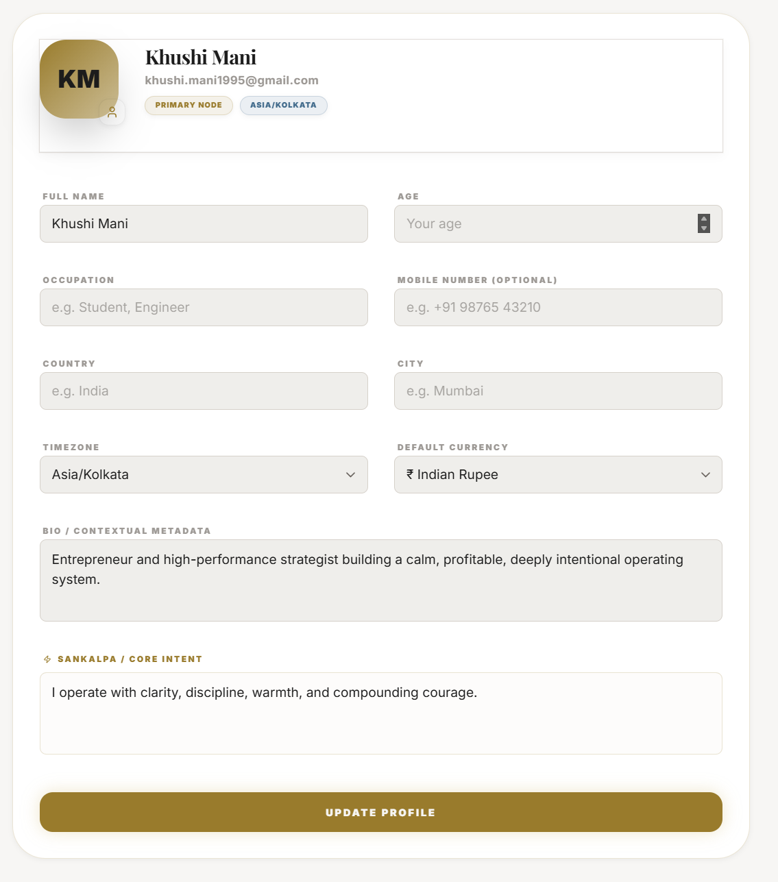 The Settings profile tab