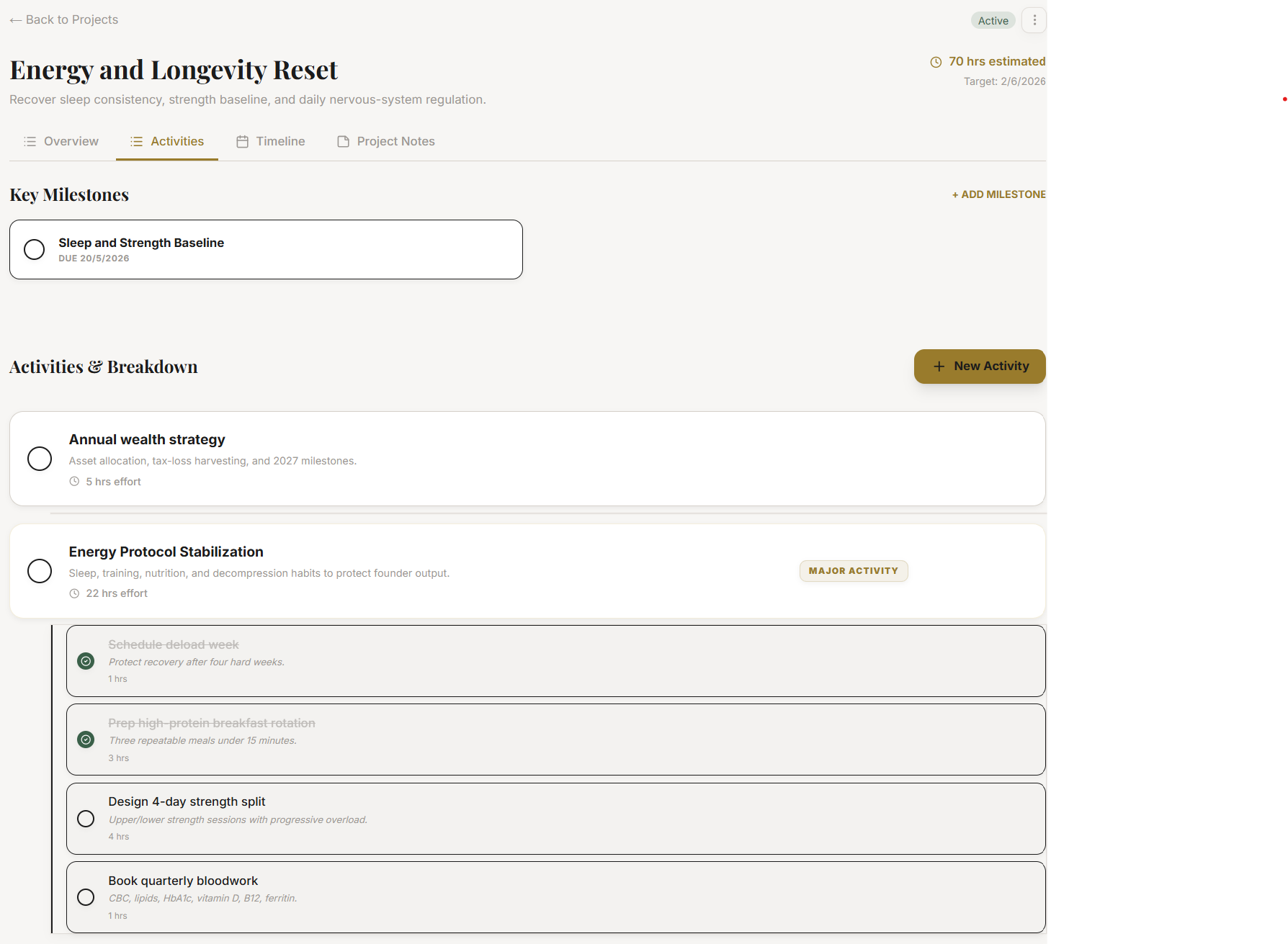 The project Activities tab