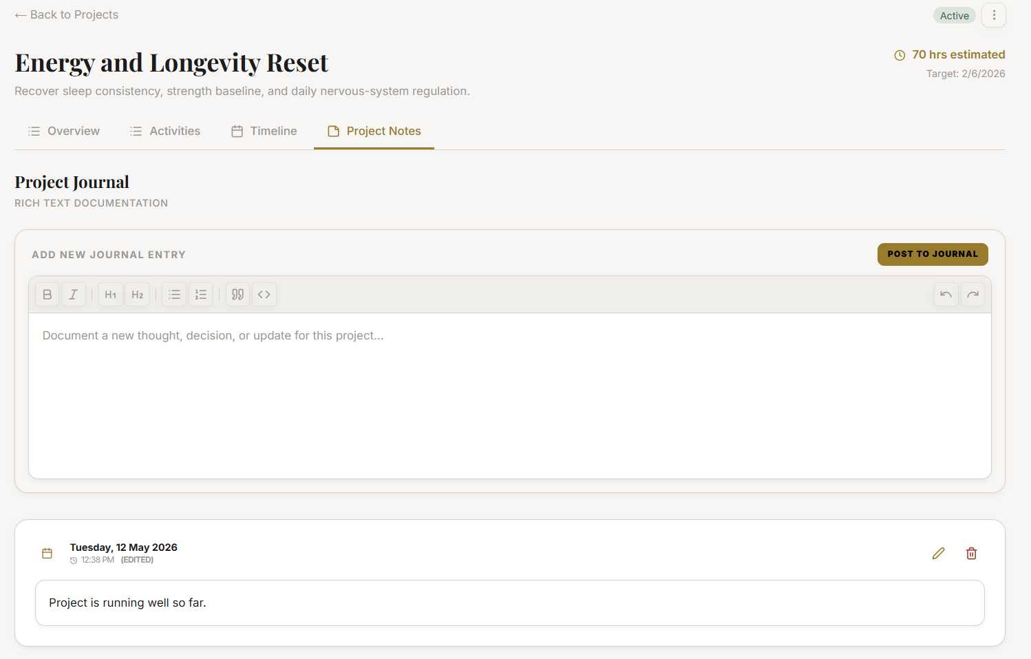 The project notes tab