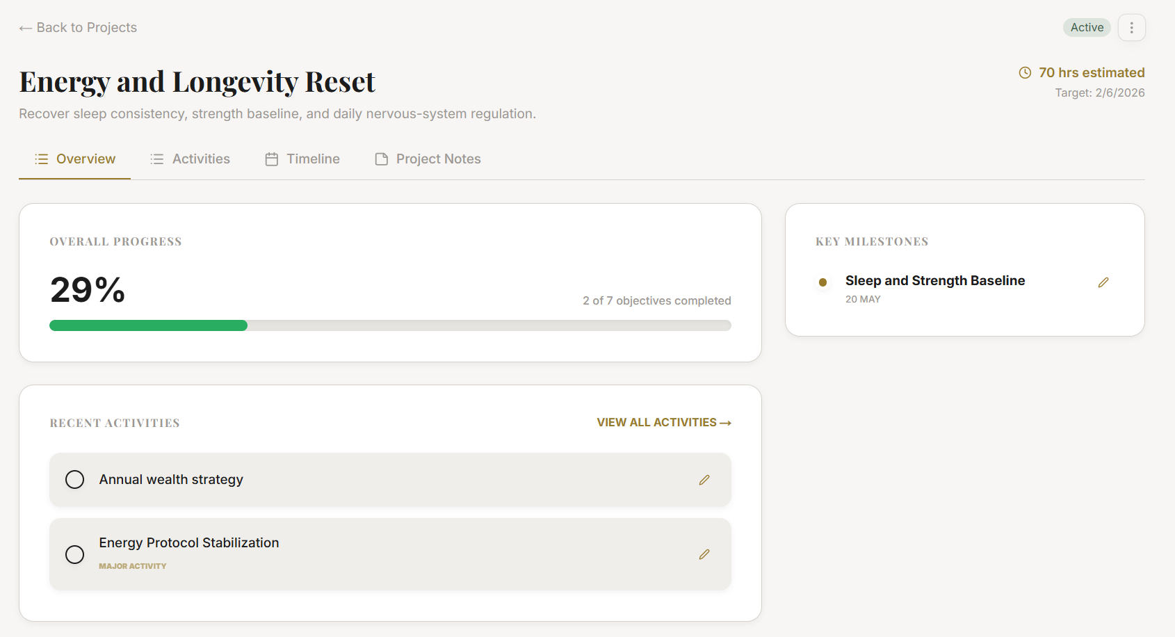 A project detail view with tasks and milestones
