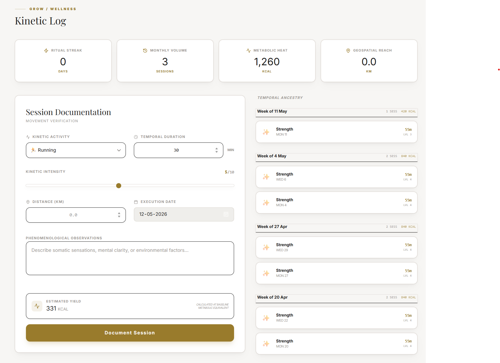 The Exercise tracker with last-session context