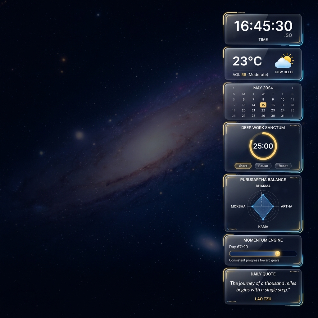 JeevanAxis Control Panel — 7 widgets providing real-time context alongside your daily command center