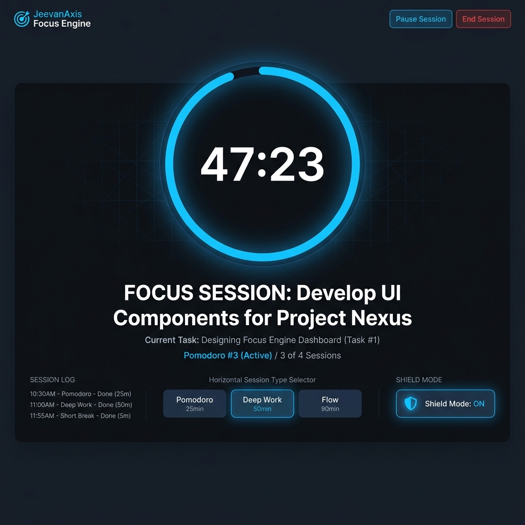 JeevanAxis Focus Engine — deep work session with circular countdown timer and Shield Mode