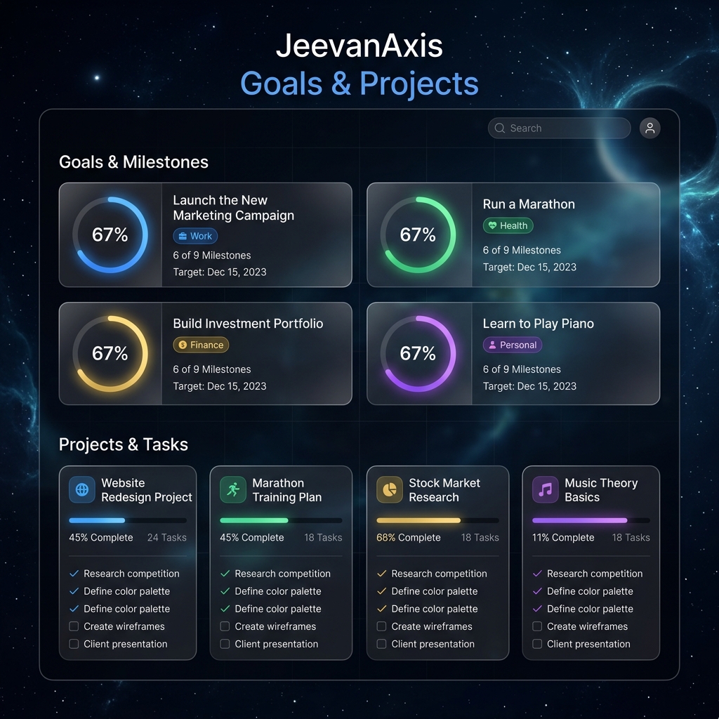 JeevanAxis Goals and Projects — cascading structure from life outcomes to daily tasks