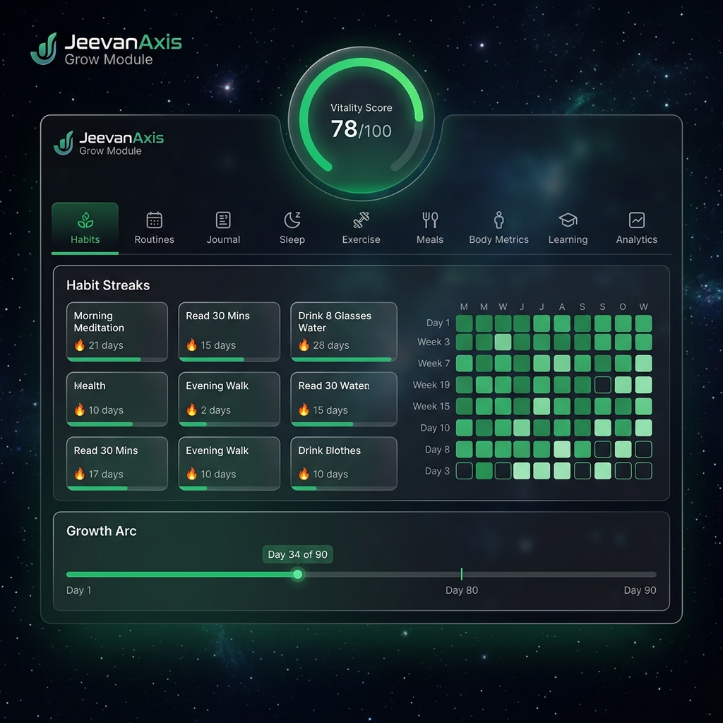 JeevanAxis Grow Module — unified dashboard with Vitality Score, habits, and Growth Arc