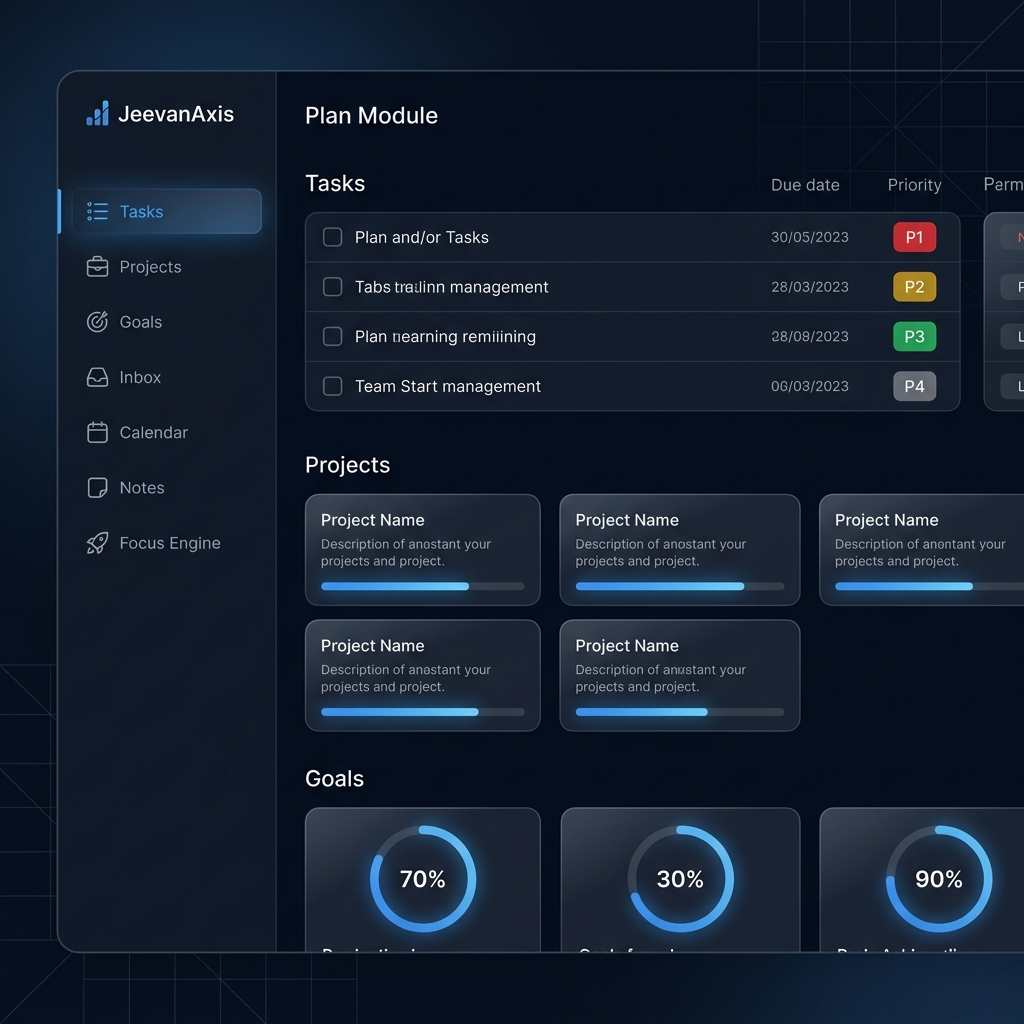 JeevanAxis Plan Module — unified execution engine with Tasks, Projects, Goals, Focus Engine, and Analytics